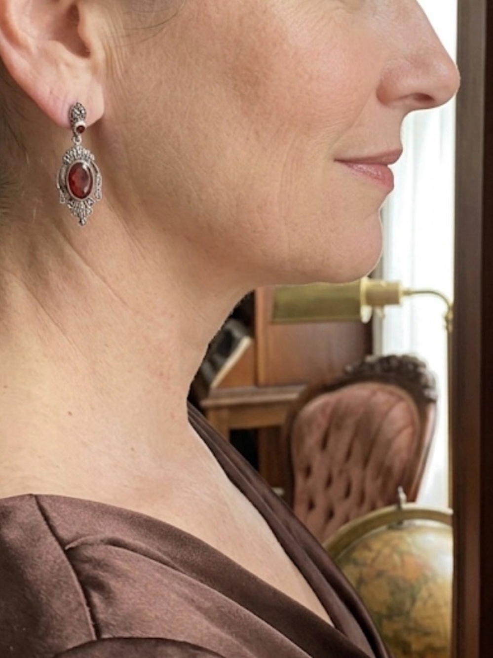 Vintage-Inspired Silver Drop Earrings with Red Stone
